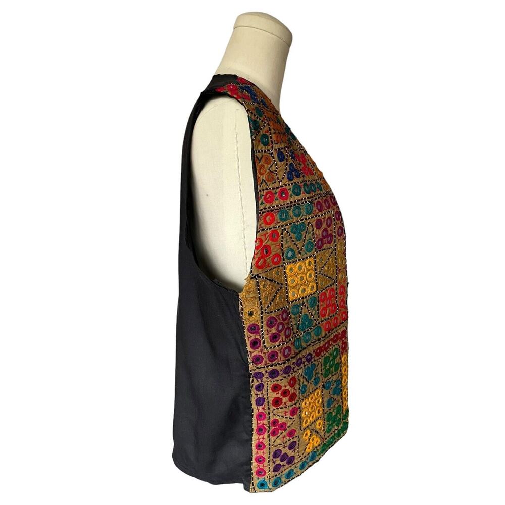 Vintage Multicolor Ethnic Look Mirror Work Embroidered Colorful Brown Black Back - Picture 5 of 7